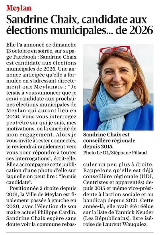 Déclaration de de la Candidature de Sandrine Chaix aux municipales de Meylan en 2026